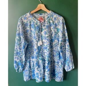 NWT Johnny Was Willow Blue Ruffled Field Cotton Top Blouse Boho L Block Print